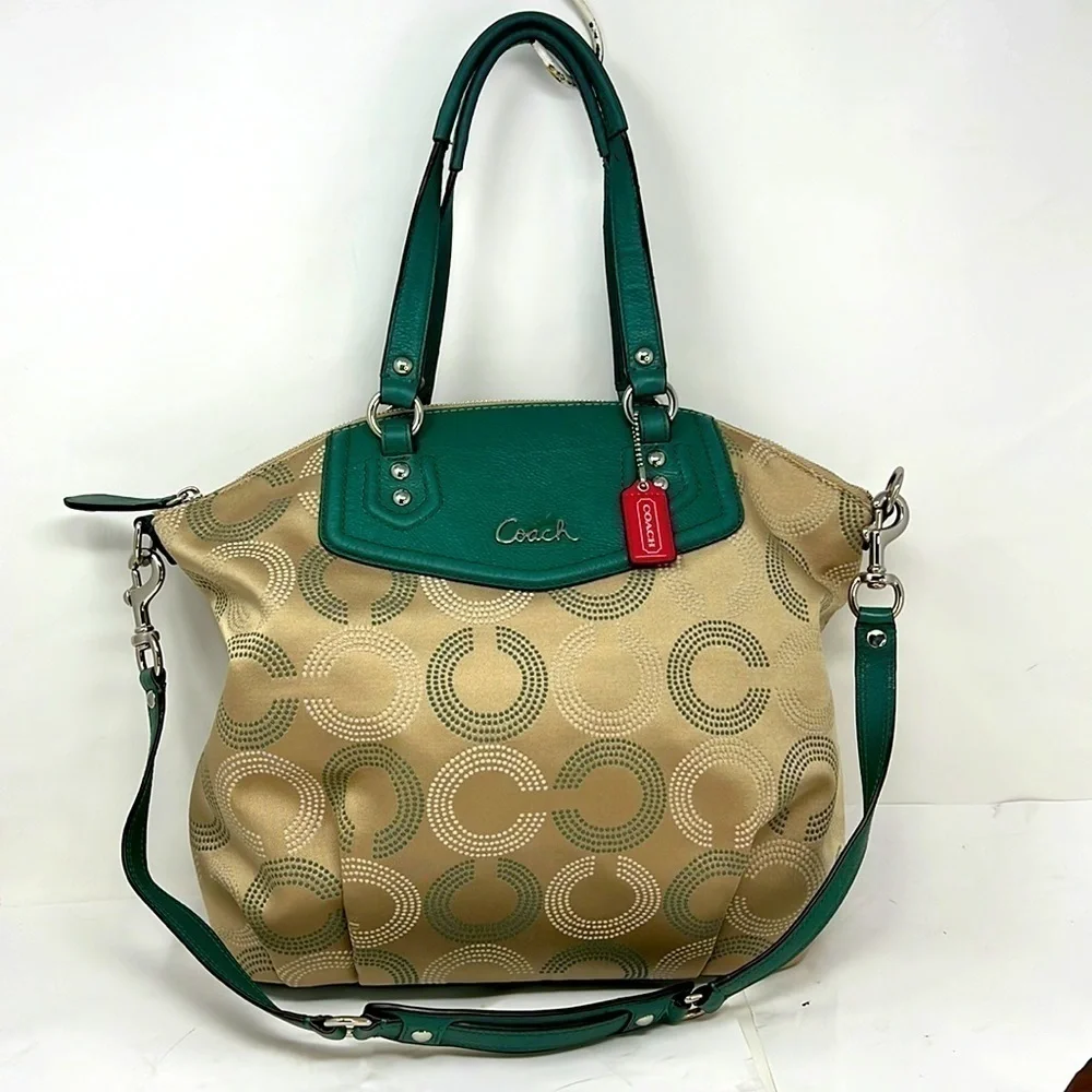 Coach Ashley F25183 Dotted Op Art North South Aegean Canvas Leather Hobo Tote